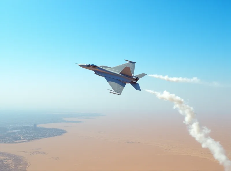 Israeli fighter jet flying over a desert landscape, with a Middle Eastern city in the background.