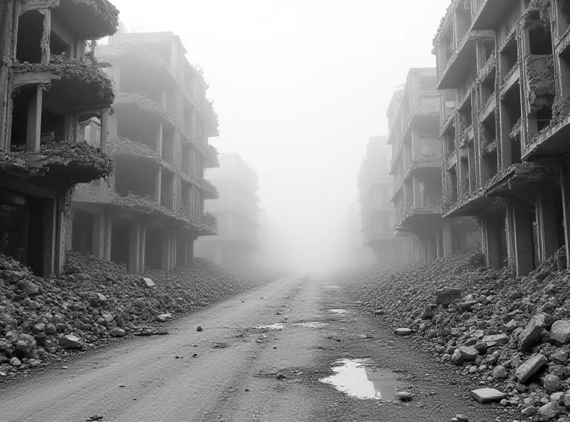 A war-torn street in Damascus, with rubble and damaged buildings visible. Smoke rises in the distance.