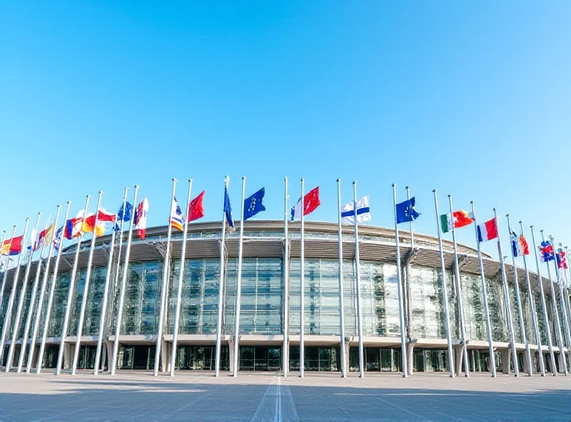 European Parliament building in Brussels, Belgium, with a blue sky backdrop.