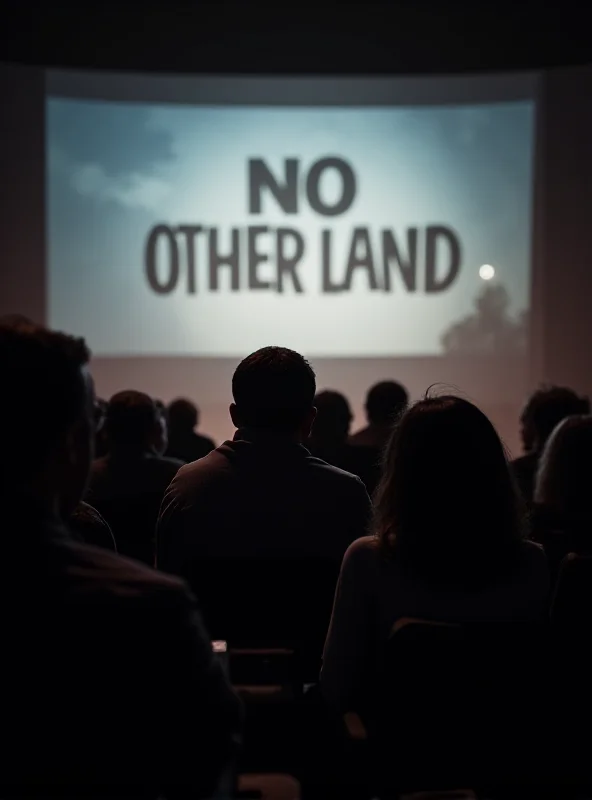 A film reel with the words 'No Other Land' projected onto a screen. The background shows a film festival audience.