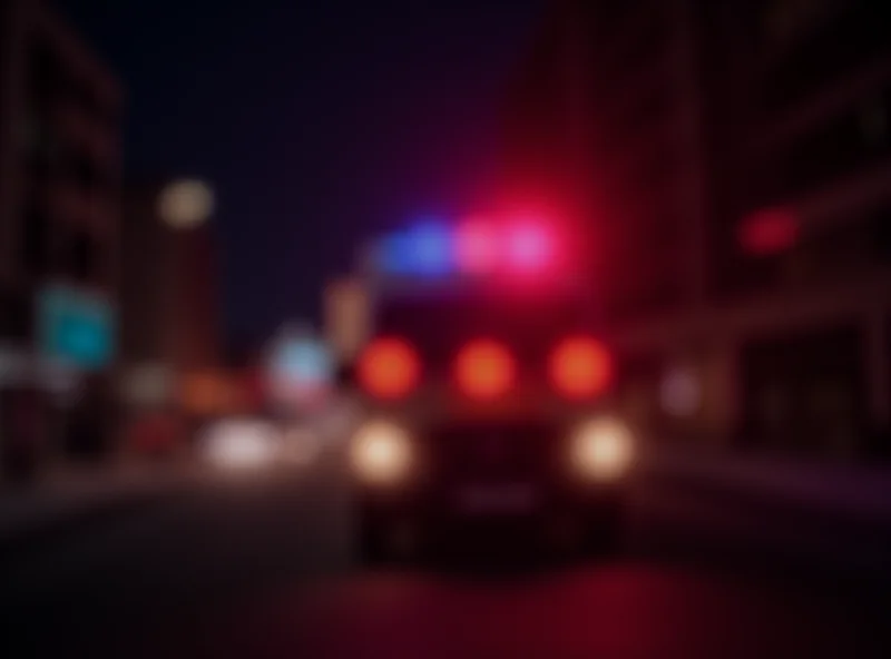 A blurred image of an ambulance with flashing lights at night in an urban setting. The background is dark and indistinct, emphasizing the emergency situation.