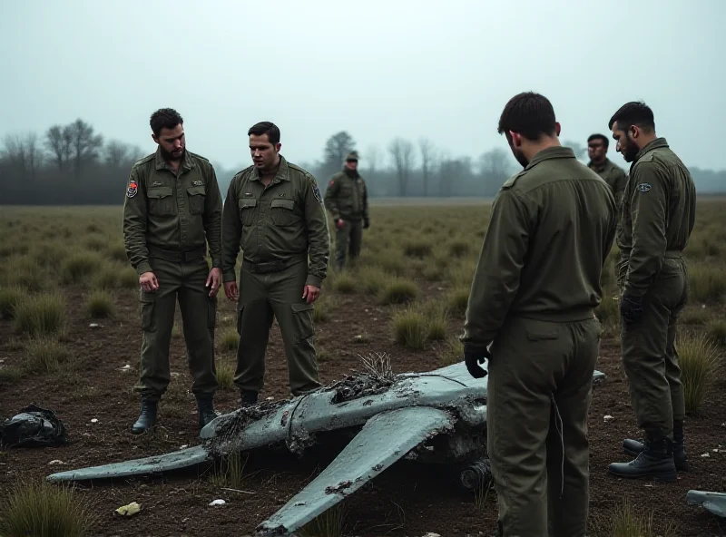 Military personnel examining a downed drone.