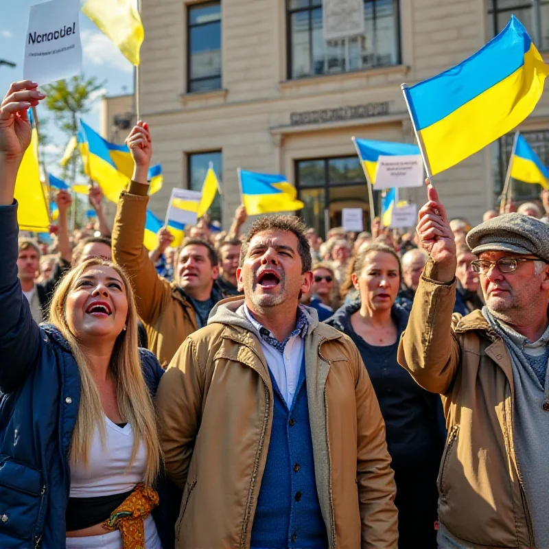 Protesters holding Ukrainian flags outside a building.