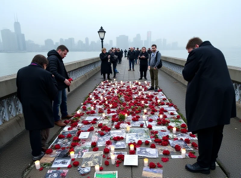 Mourners laying flowers at a memorial on a bridge in a somber atmosphere.