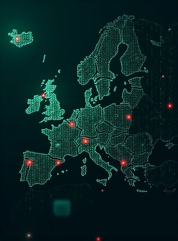 A digital rendering of cyber warfare with binary code and a map of Europe highlighting potential targets.