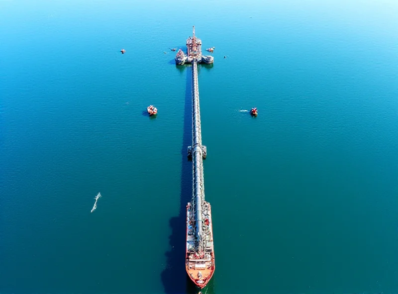 Aerial view of the Nord Stream 2 pipeline under construction, with ships and equipment visible in the water.