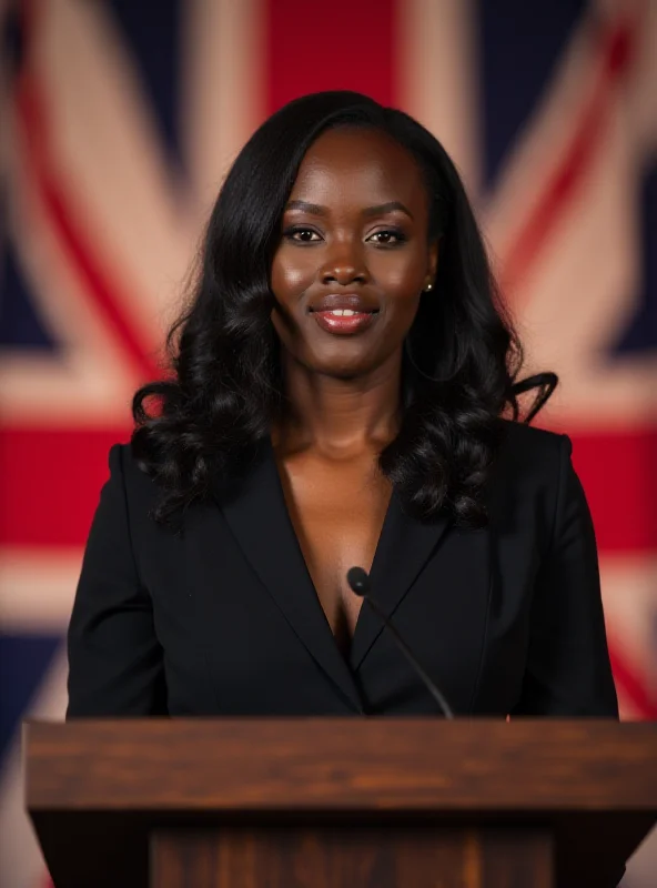 Kemi Badenoch speaking at a podium with the union jack in the background.