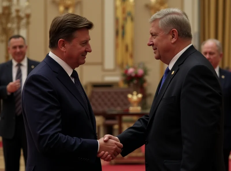 Volodymyr Zelensky shaking hands with another world leader.