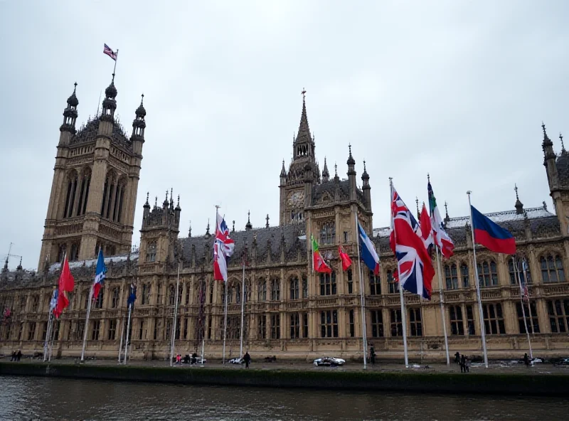 Image of the UK Parliament building with flags of various nations in the foreground, symbolizing the international summit.