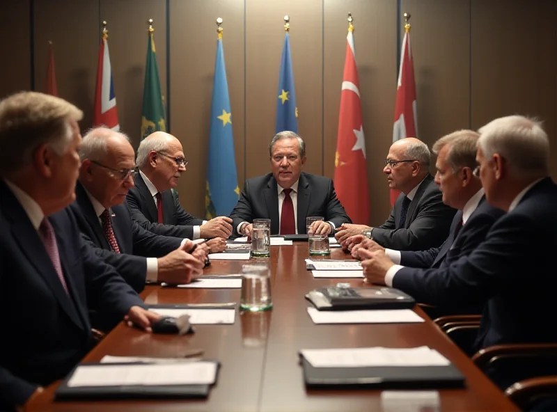 A group of world leaders engaged in serious discussions around a large conference table, with flags of different nations subtly visible in the background.