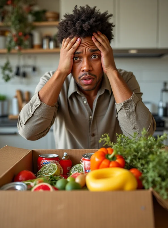 A confused person looking at a grocery delivery with mismatched items.