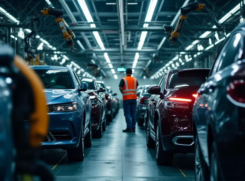 European car factory production line with cars being assembled.