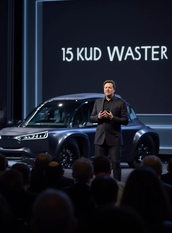 Elon Musk giving a presentation at a Tesla event with a Cybertruck in the background.