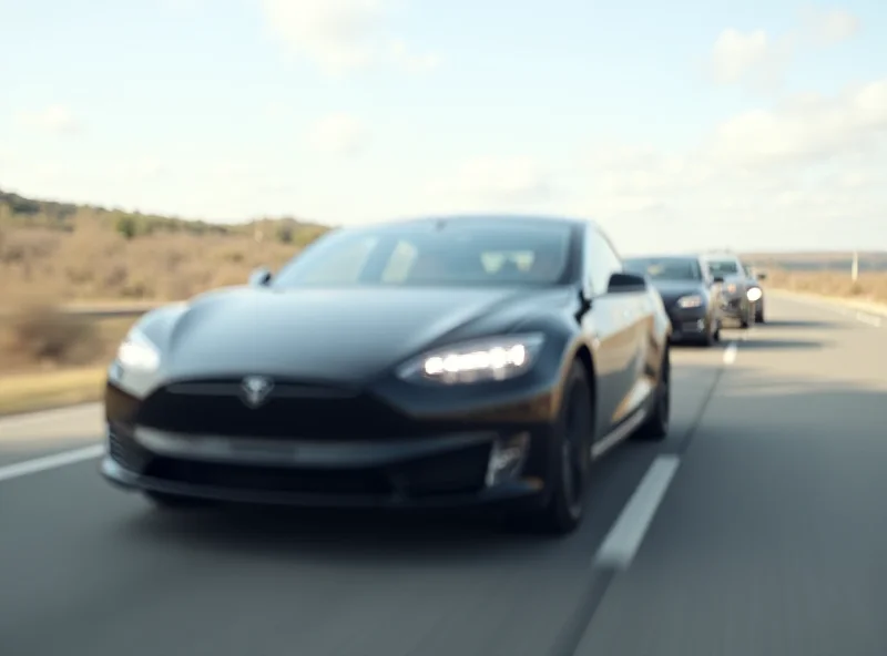 Tesla car driving on a highway with a blurred background of other vehicles.