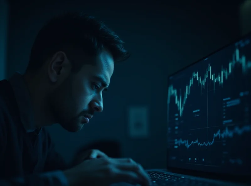 A worried person looking at a laptop screen with charts and graphs showing financial losses.