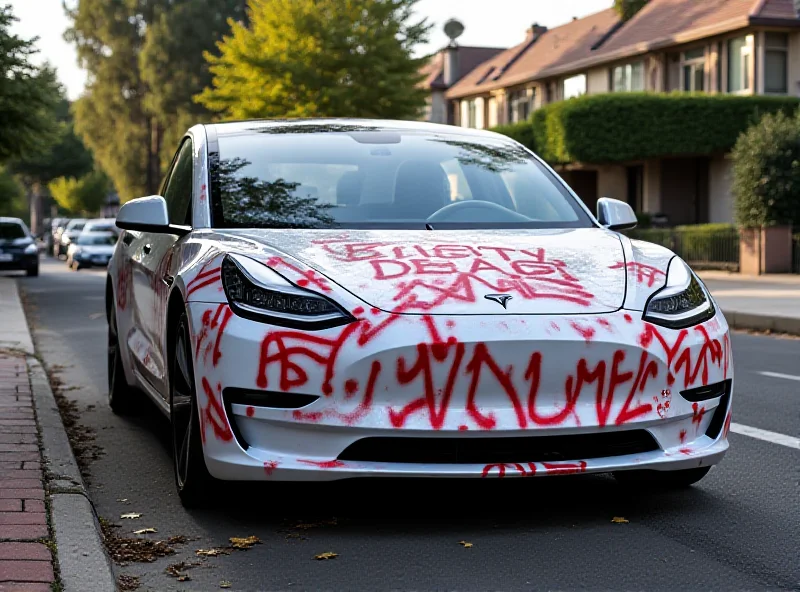 Tesla car with graffiti and anti-Musk messages spray-painted on the side.