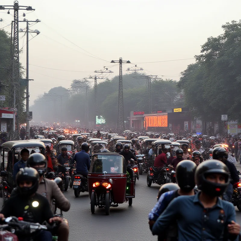 A busy street scene in Delhi, India with various vehicles and people. A Tesla showroom is visible in the background.