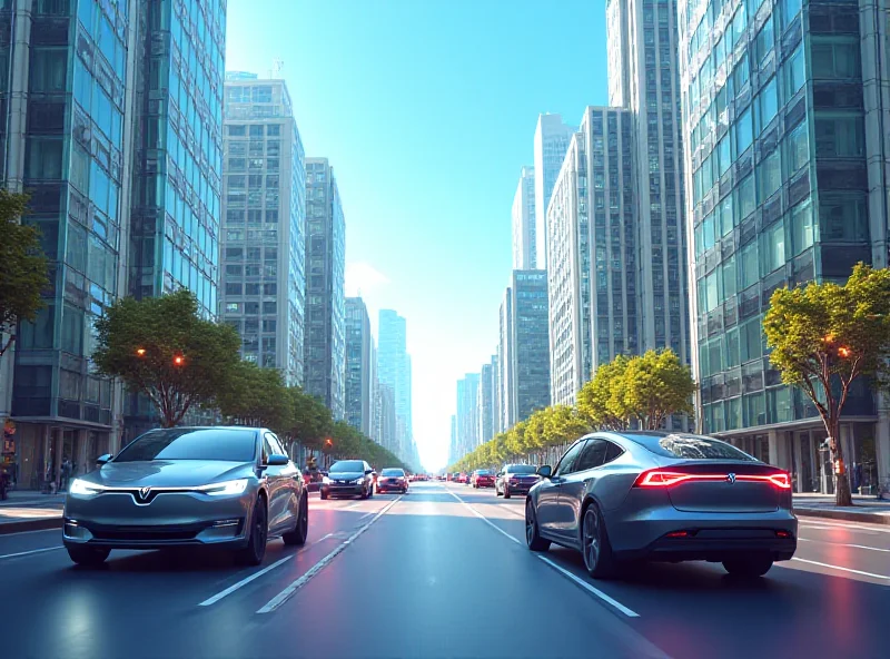 A futuristic cityscape with electric vehicles seamlessly integrated into the urban environment, representing the potential of ride-sharing and autonomous transportation. A subtle warning sign icon is visible in the background.