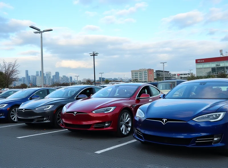 Tesla cars parked in a dealership, some with 'For Sale' signs. The background shows a city skyline under a cloudy sky.