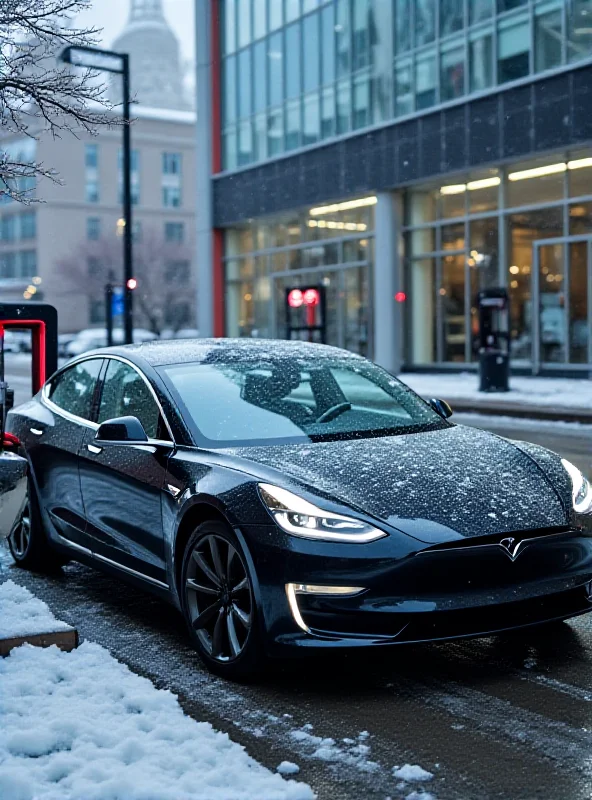 A Tesla charging at a public charging station in a Canadian city. Snow is lightly falling, and the background shows a modern building.