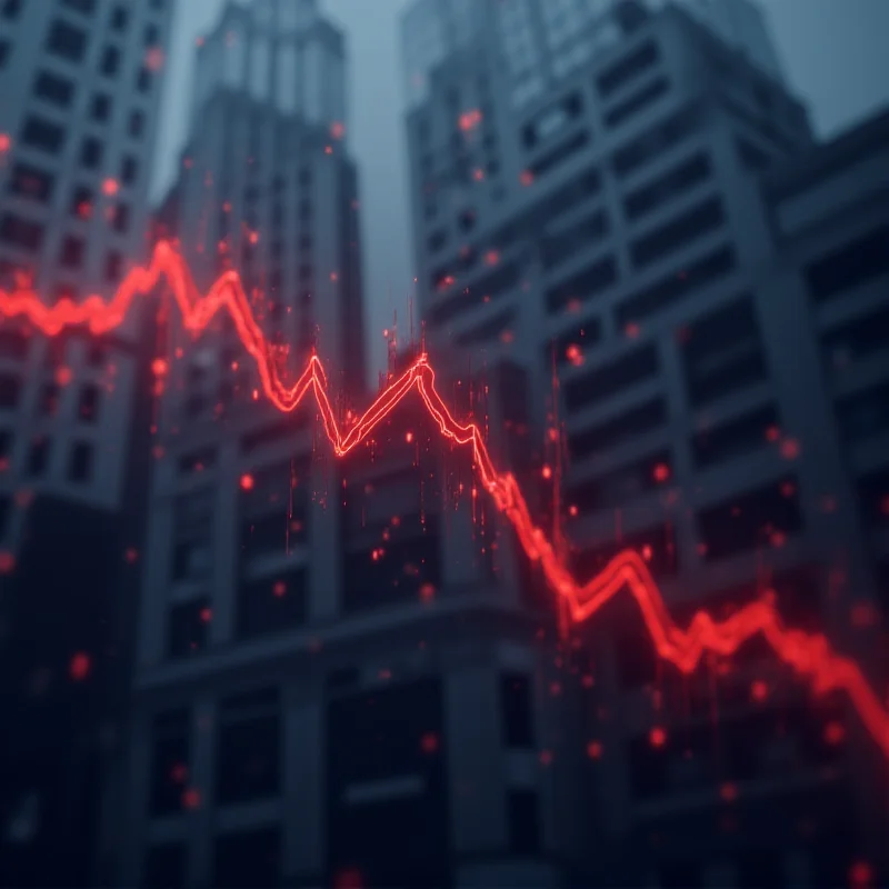 A graph showing a downward trend in stock prices, with a blurred image of the New York Stock Exchange in the background.