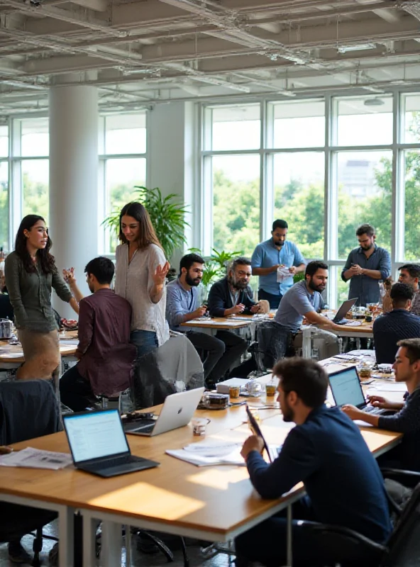 A diverse team of Tesla employees working in a modern office in India.