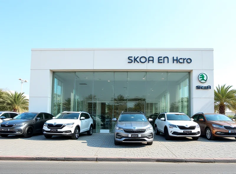 The exterior of a modern Skoda dealership in Muscat, Oman, with several cars on display.