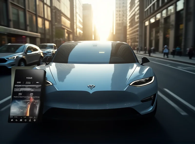 Tesla car driving on a city street with ride-sharing app displayed on the infotainment screen