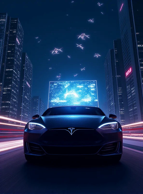Illustration of an autonomous Tesla cab driving through a futuristic city