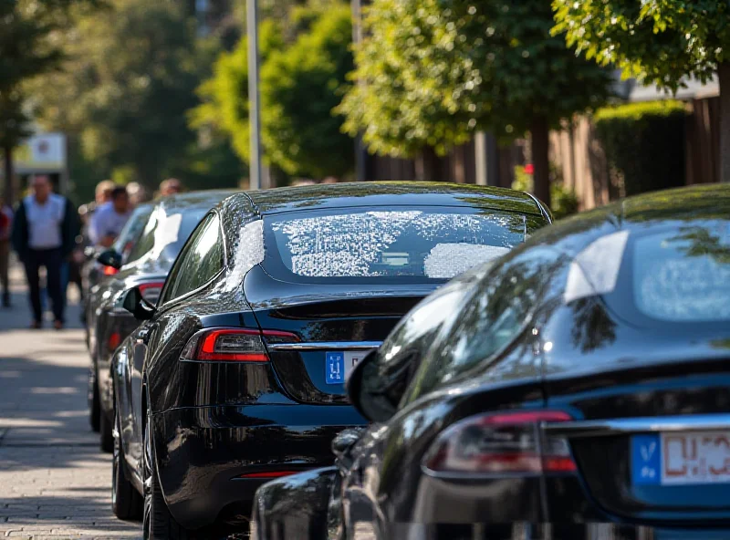 Line of Tesla cars with political protest signs on them.