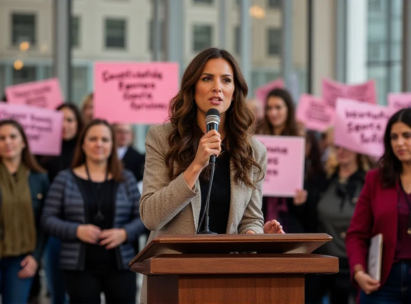 Riley Gaines speaking at a rally with a microphone, advocating for women's sports.