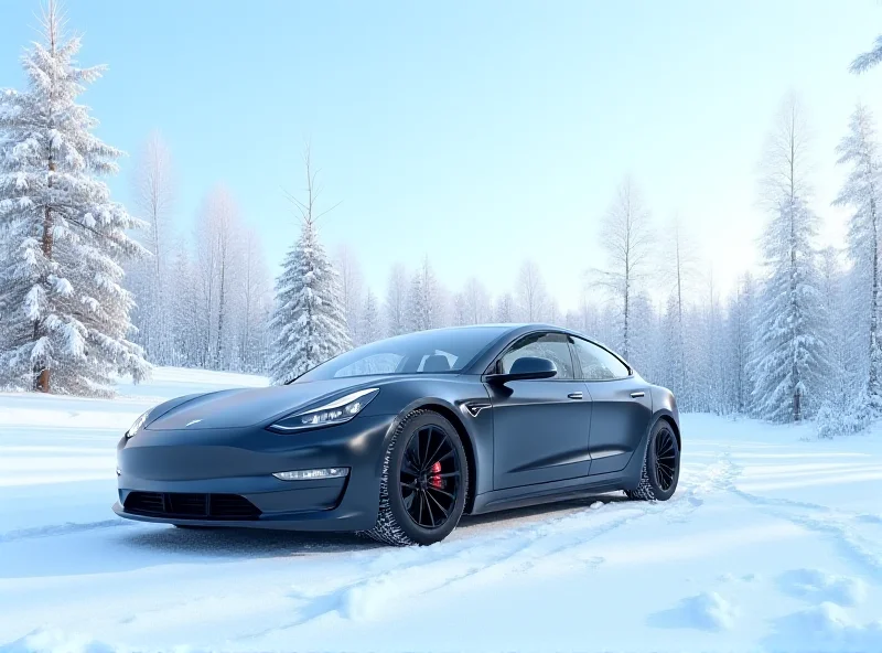 Tesla car parked in a snowy Scandinavian landscape.