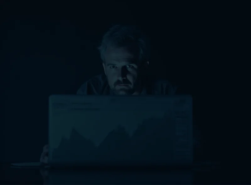 A person sitting alone in a darkened room, looking stressed and worried, with a laptop in front of them.