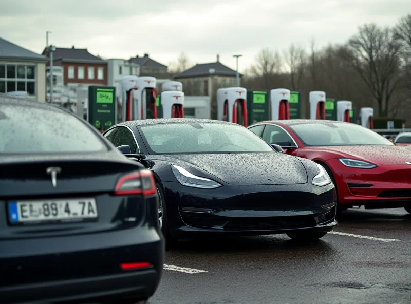 Tesla cars parked at a charging station in Germany, with a slightly overcast sky.