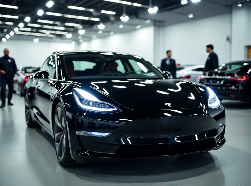 Tesla electric car in a showroom, slightly blurred background.