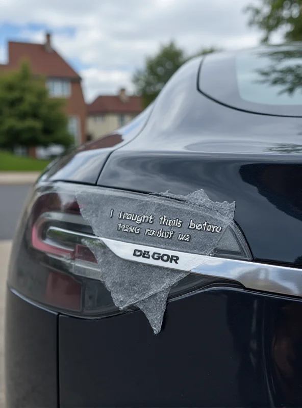 A disgruntled Tesla owner looking at the rear of their car with a sticker that reads 'I bought this here before Elon went crazy'