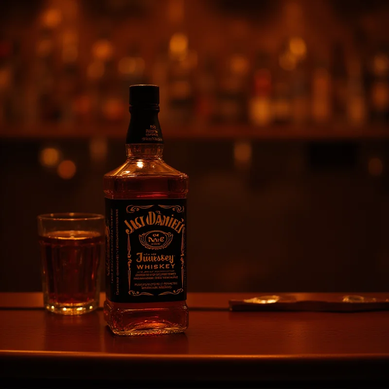 A bottle of Jack Daniel's whiskey on a bar.