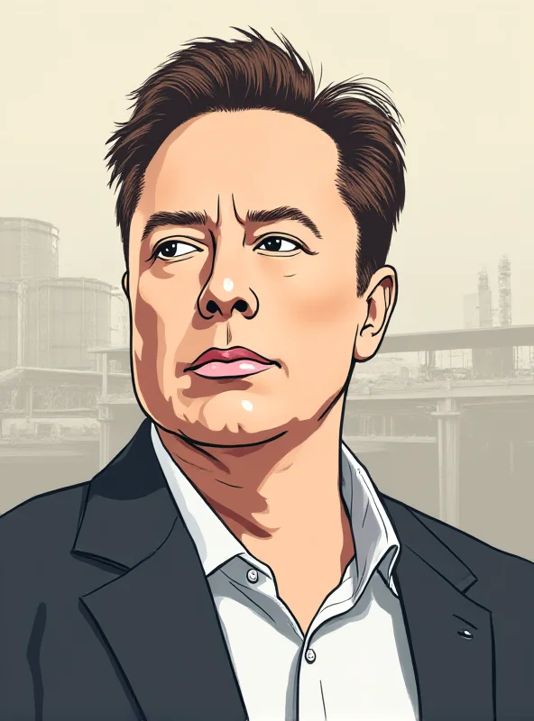 A stylized illustration of Elon Musk's face with a questioning expression, representing the scrutiny of his leadership