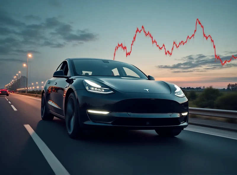 Image of a Tesla car with a downward trending stock chart overlayed on the background