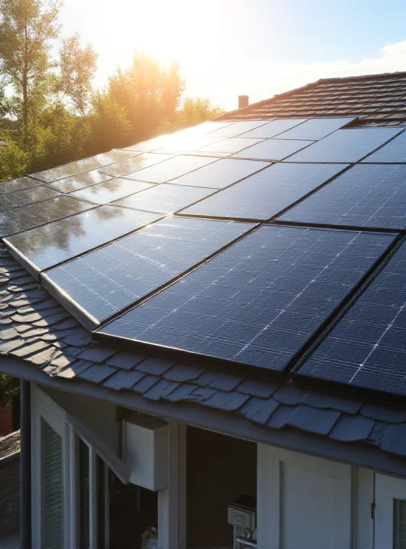 Image of solar panels on a residential rooftop with a Tesla Powerwall visible in the background.