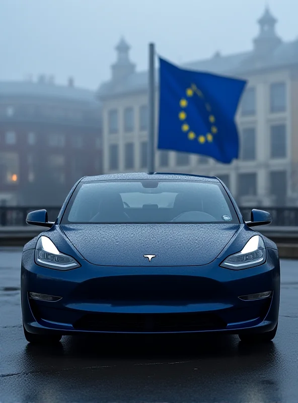 A Tesla car parked in front of the EU flag, symbolizing the decline in European sales.