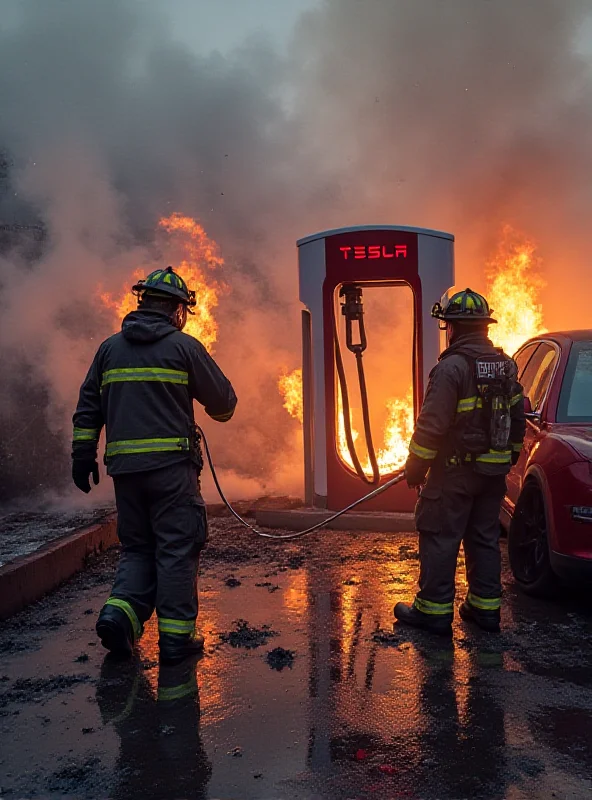 A damaged Tesla charging station with firefighters putting out the flames. Smoke and visible damage are present.