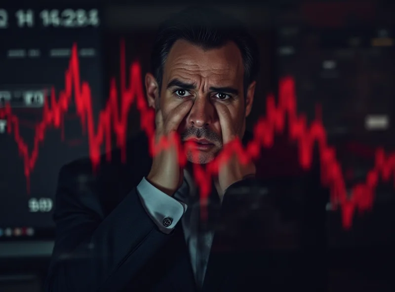 A concerned-looking investor holding their head in their hands while looking at a graph showing a downward trend. The Tesla logo is subtly visible on a nearby screen.