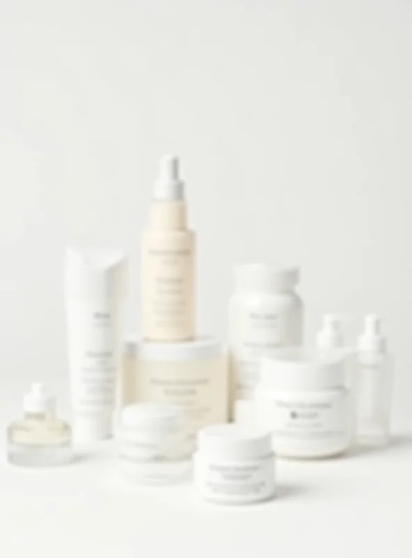 A variety of skincare products arranged on a clean white surface, including serums, creams, and cleansers in aesthetically pleasing packaging.