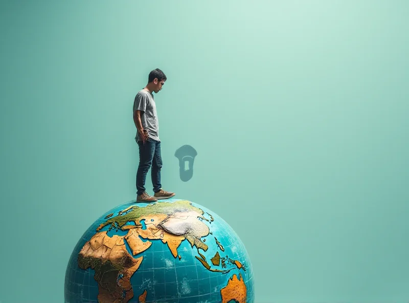 Illustration of a person looking at a carbon footprint overlaid on a globe.