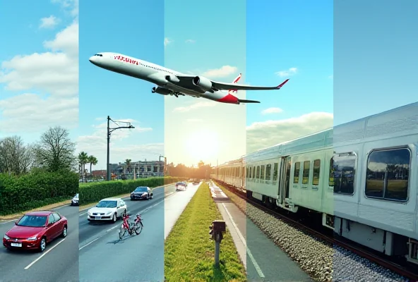 Collage of different modes of transportation, including a plane, a car, and a bicycle.