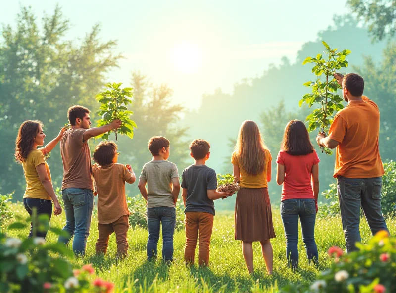 A diverse group of people working together on a sustainable project, planting trees and using renewable energy.