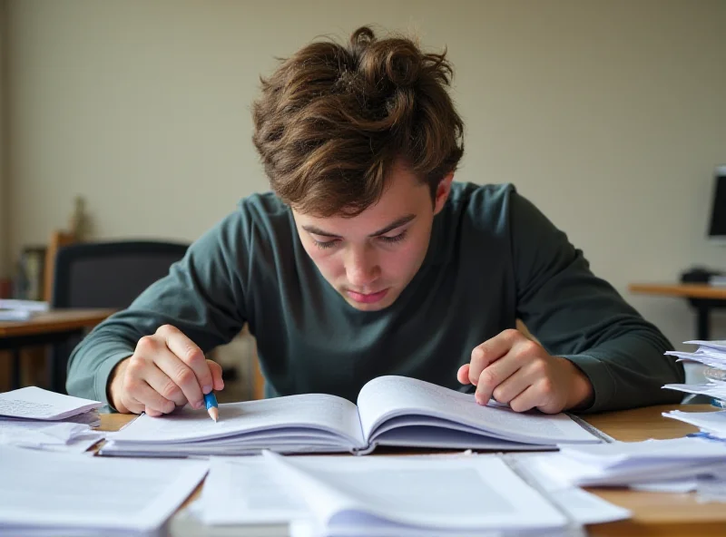 A student studying intensely at a desk with books and papers spread around.