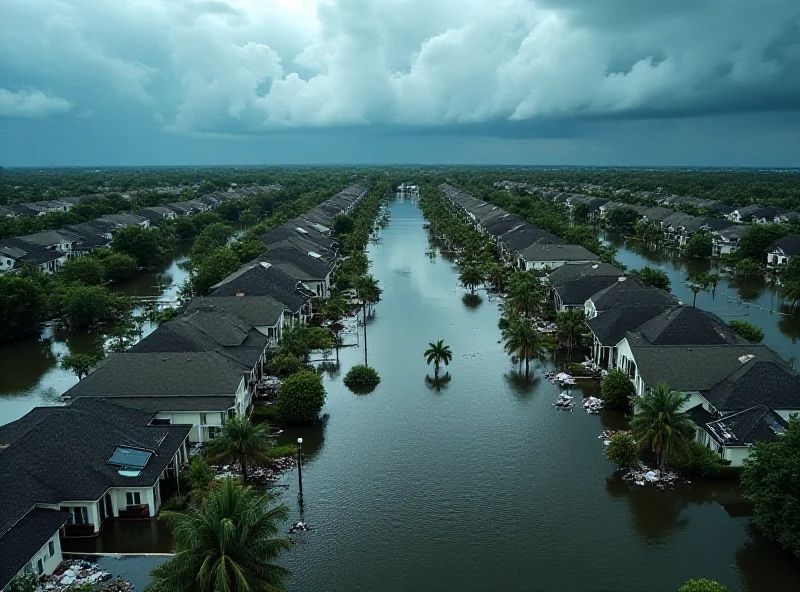 Aerial view of a flooded neighborhood after a hurricane.