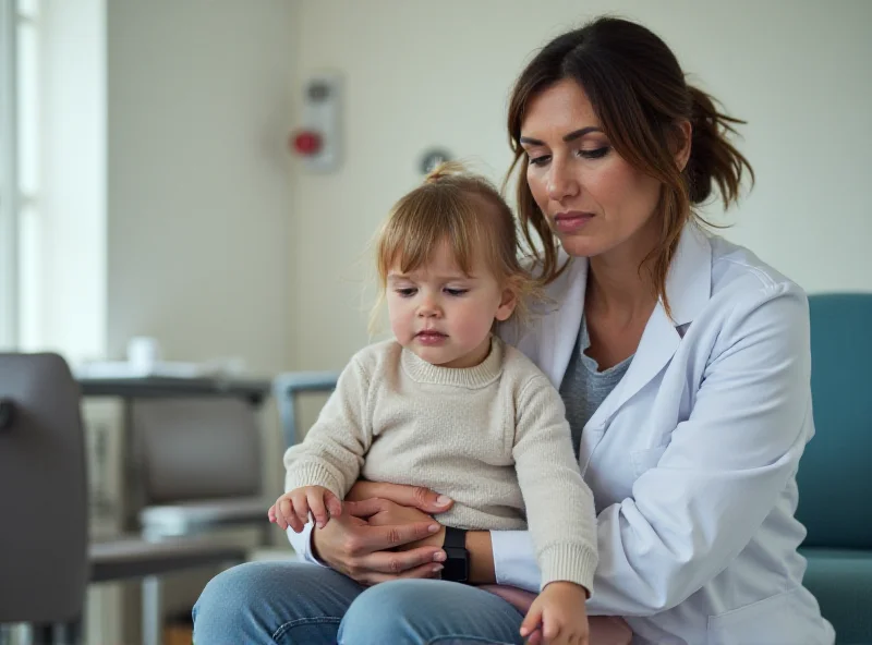 A concerned parent holding their child in a doctor's office.